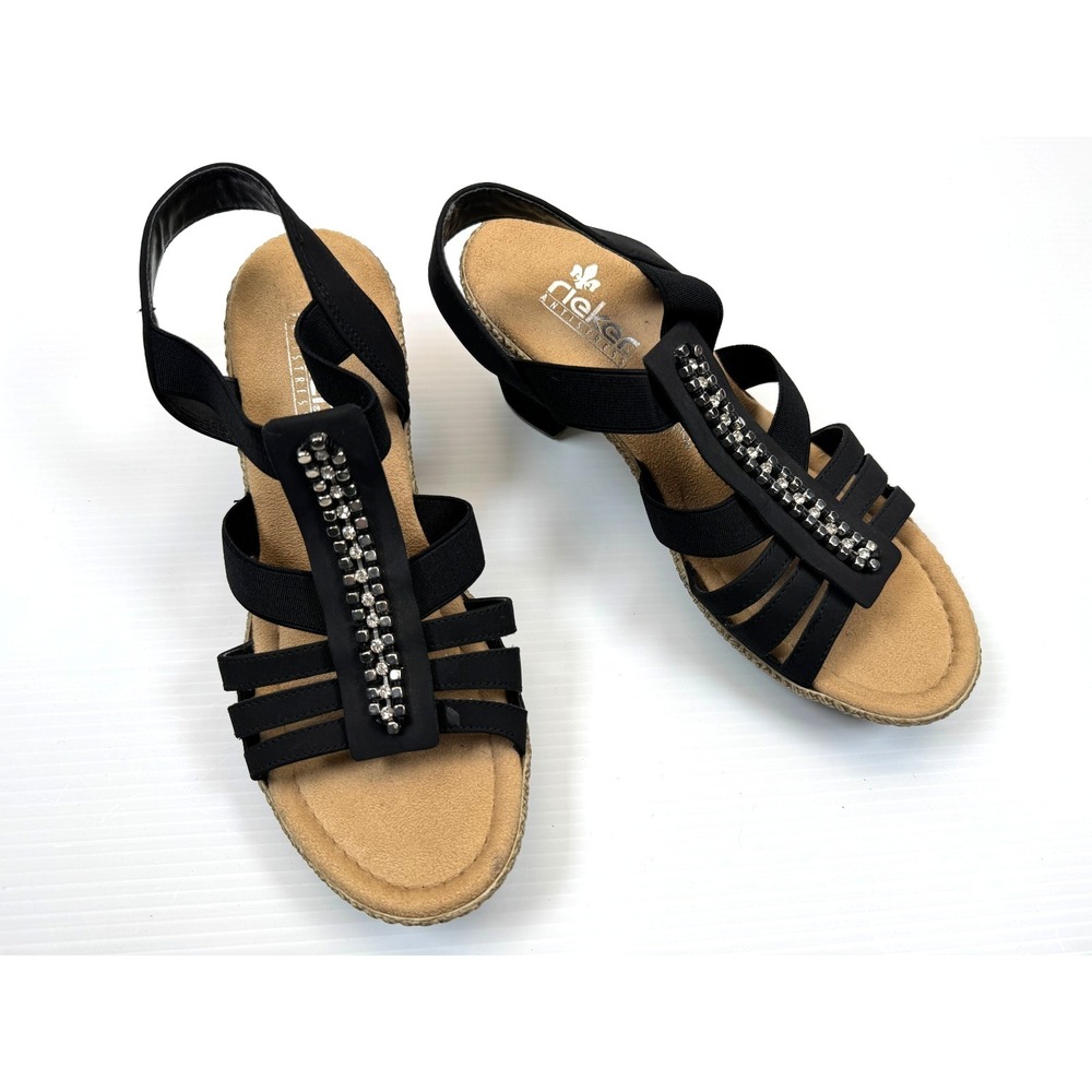 Rieker Black Strappy Sandals with Studded T-Strap